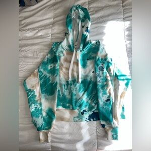 Nike Teal and White Tie Dye Cropped Hoodie